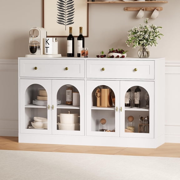 55" Wide Sideboard Buffet Cabinet with 4 Acrylic Doors & 2 Drawers - Farmhouse Storage Cabinet, Wooden Console Table for Kitchen, Living Room, Dining Room, Entryway