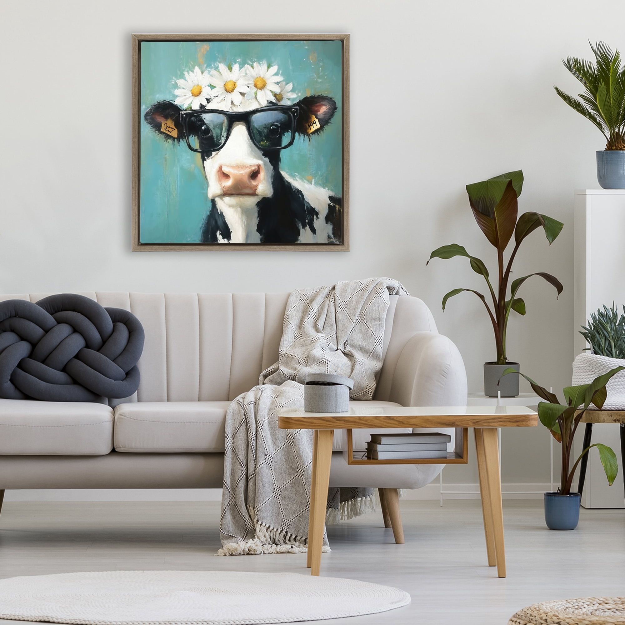 Stupell Industries Nerdy Nessie Cow Brown Framed Floater Canvas Wall Art, design by Tina LeCour