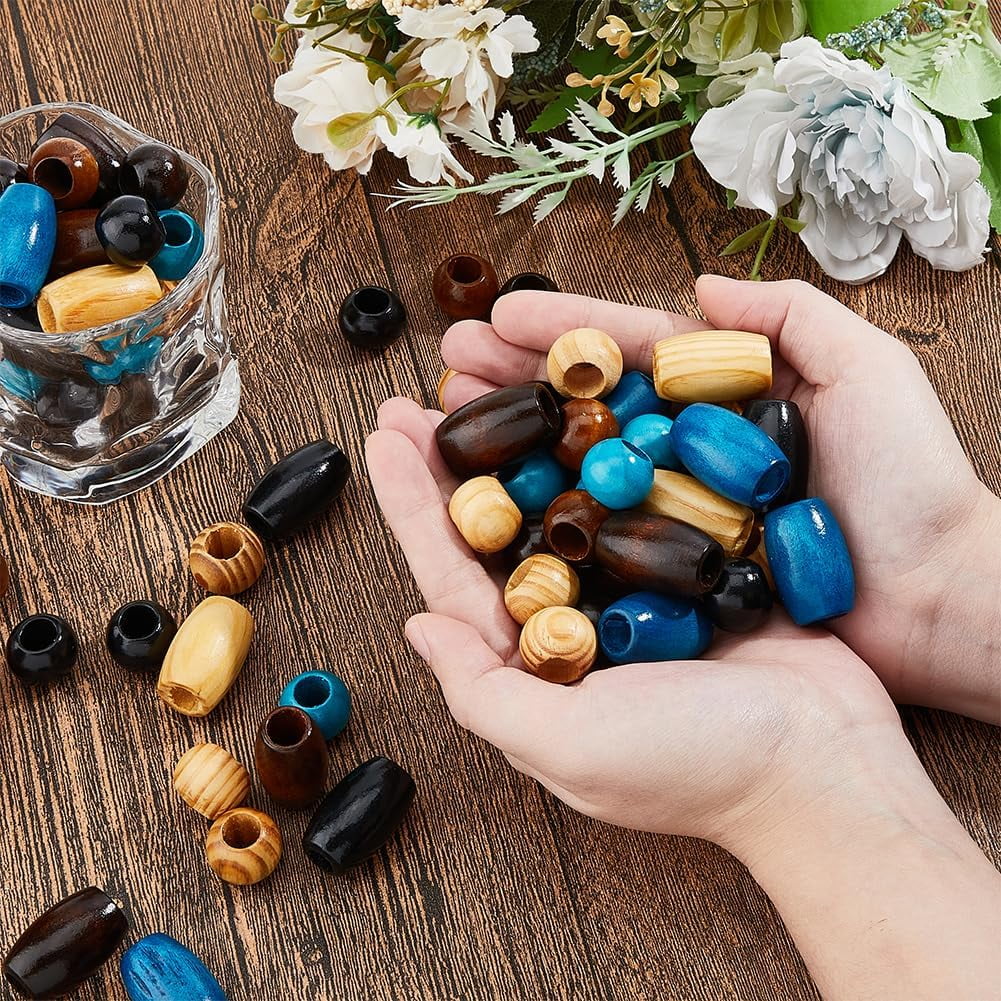 150Pcs 10 Styles Wood Large Hole Craft Beads Wooden Loose Spacer Beads Wooden European Beads Natural Wood Beads Round Oval Beads for Macrame Crafs Hair Braid Jewelry Making Hole:10mm Black