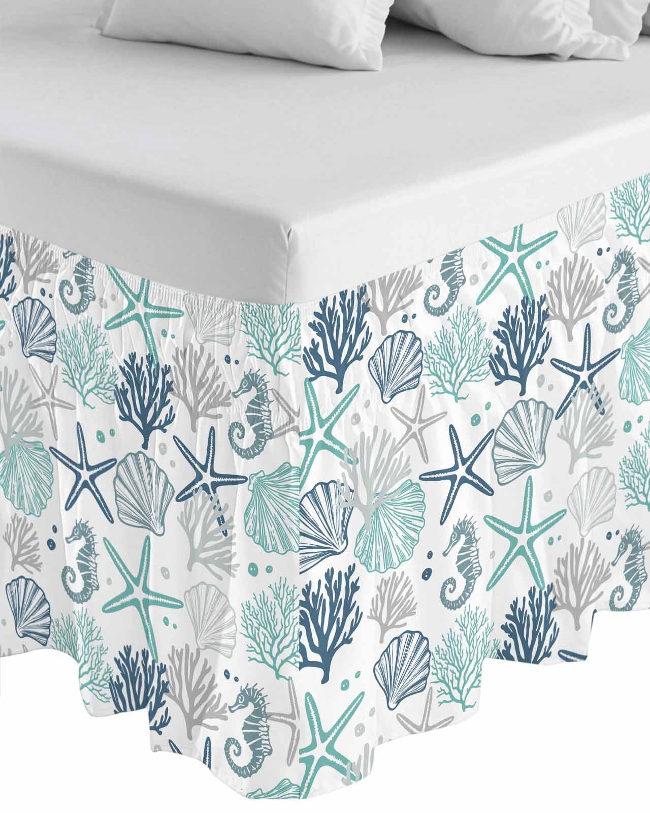 Blue Teal Coastal Bed Skirt Queen Size, Summer Beach Starfish Coral Nautical Wrap Around Bed Skirting with Adjustable Elastic Strap, Dust Ruffle Pleated Bedskirts 16 Inch Drop for Bedroom Queen Beds
