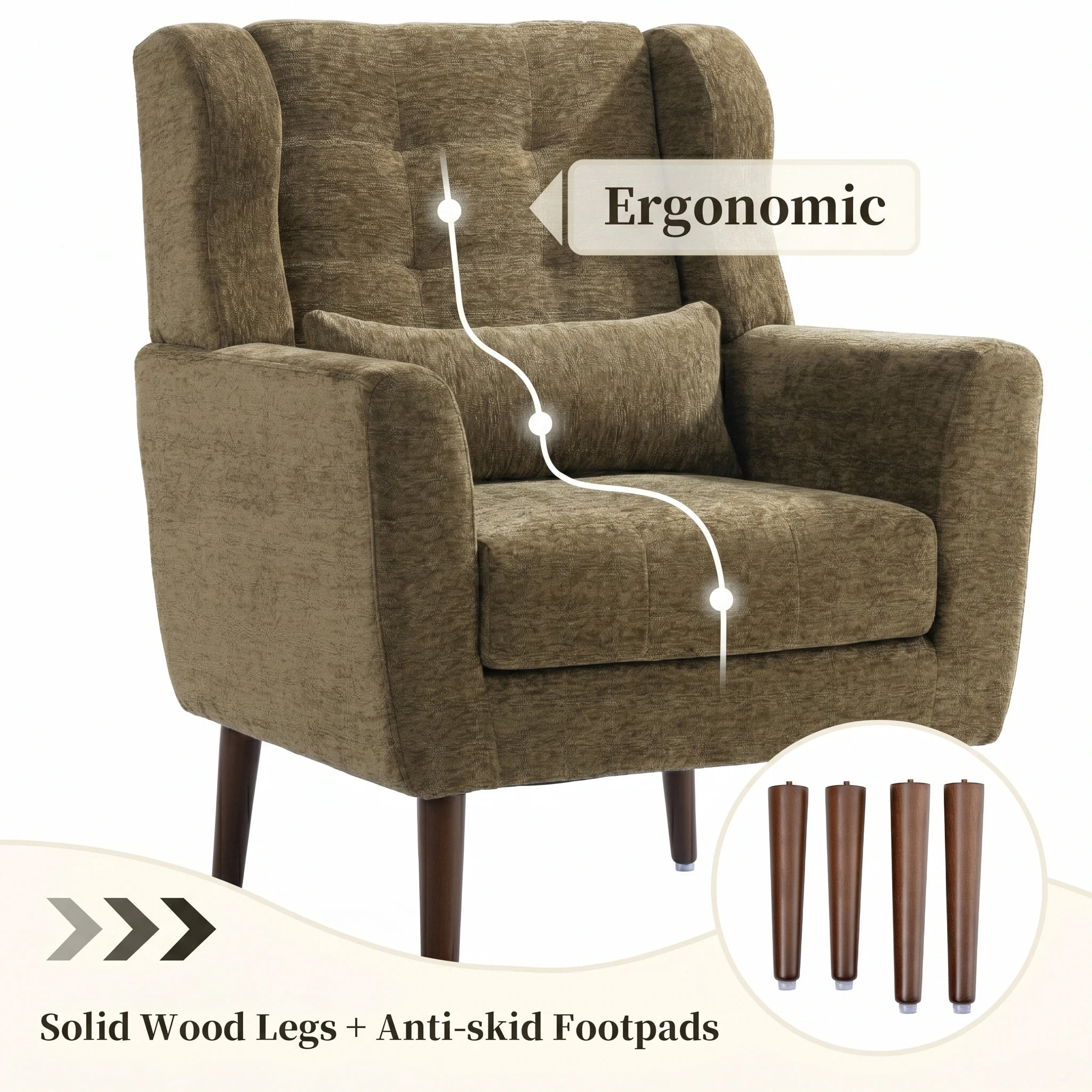 AISWORD Modern Accent Chair, Upholstered Armchair with Pillow, Fabric Single Sofa Chair with Lounge Seat and Wood Legs Accent Chair for Living Room Bedroom Small Spaces, Olive Green