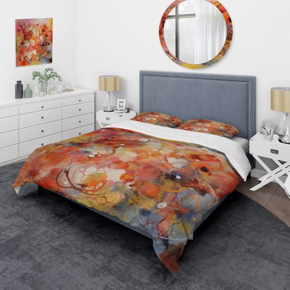 Designart "Marbled Dreamscape Orange and Red II" Modern Geometric Bedding Covert Set - Abstract Geometric Orange Abstract Bed Set With 2 Shams