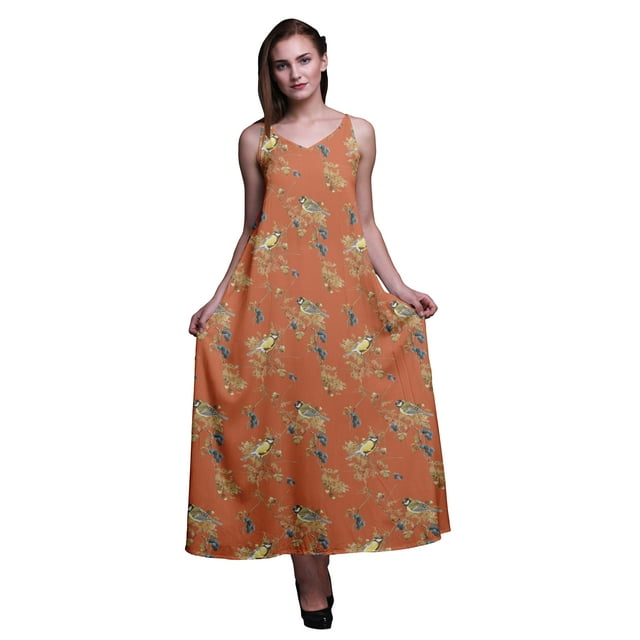 Bimba Rayon Bird Printed Spaghetti Strap Sleeveless Womens Cami Maxi Slip Swing Dress-XX-Large