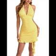 thumbnail image 1 of Vestido Corto Ajustado con Escote en V Profundo y Fruncido para Mujer, con Dobladillo de , para Fiesta y Club, de Verano Amarillo M, 1 of 10