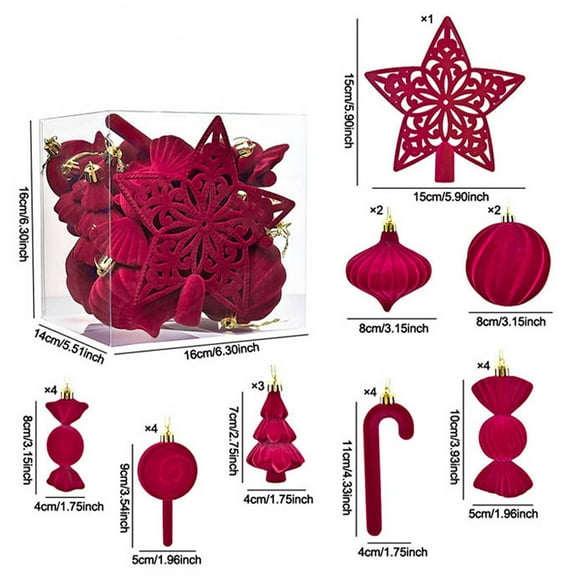 Uutvery 24Pcs Irregular Shaped Flocked Christmas Balls with Star Tree Topper Set, Unique Christmas Tree Decorations for Resort Holiday Decor