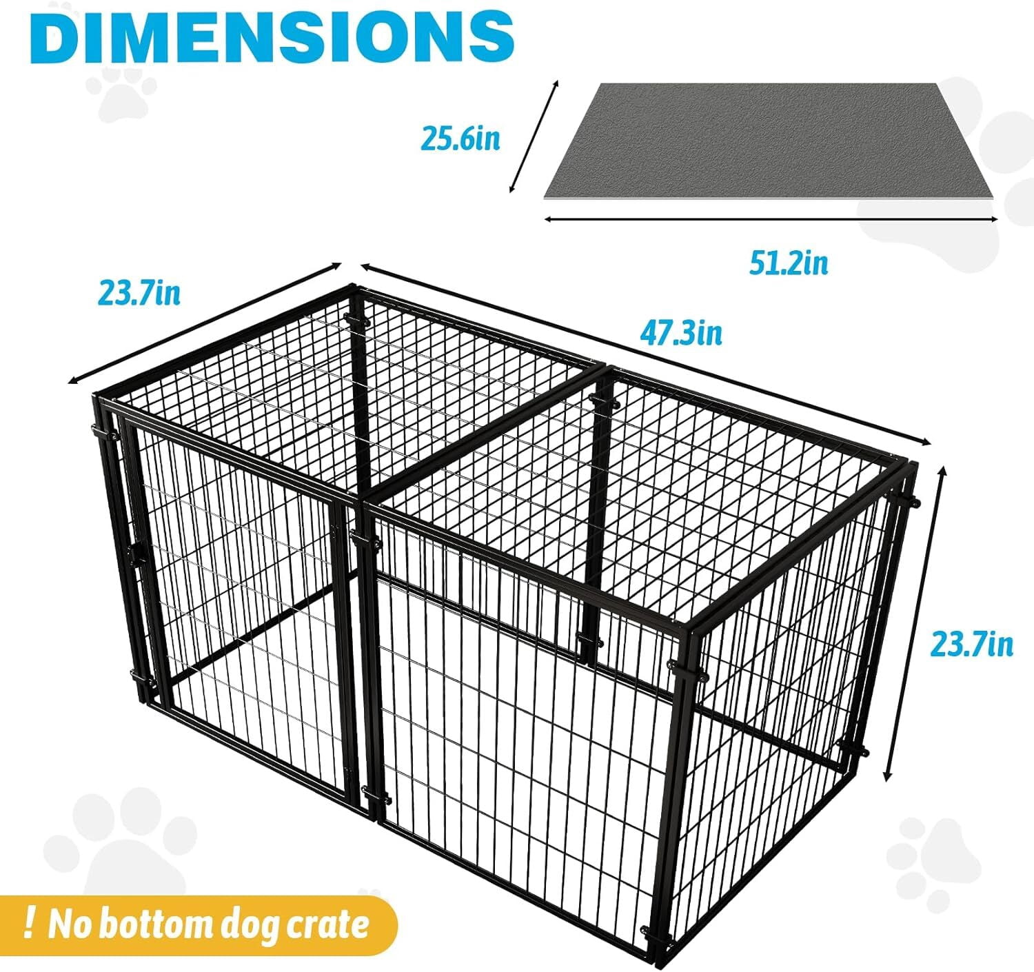 Wdmiya Large Dog Crate, 47 Inch Metal Kennel for Medium and Small Dogs, Safe Indoor & Outdoor XL Big Puppy Bottomless Cage with Comfort Mat, Pet Playpen Yard, Dog Fence Playpen, Black