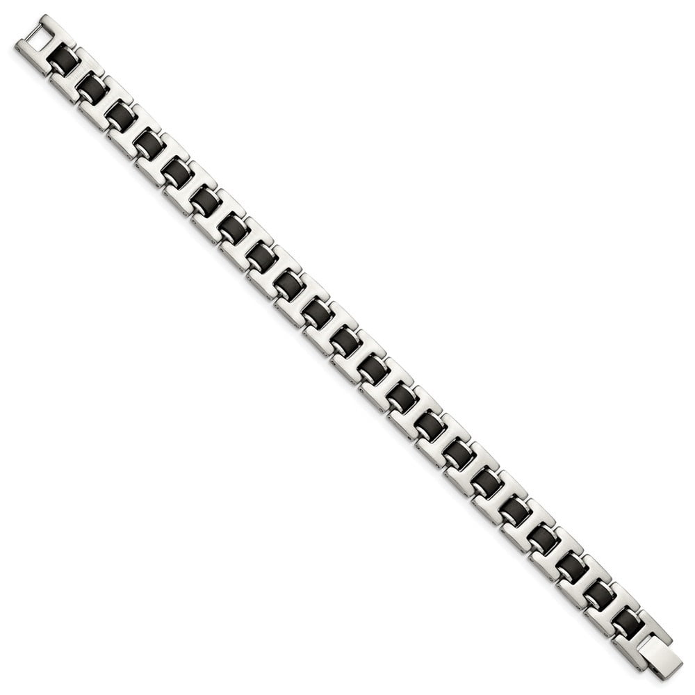 Diamond2Deal Stainless Steel Brushed with Black Rubber Bracelet for Men 8.5"