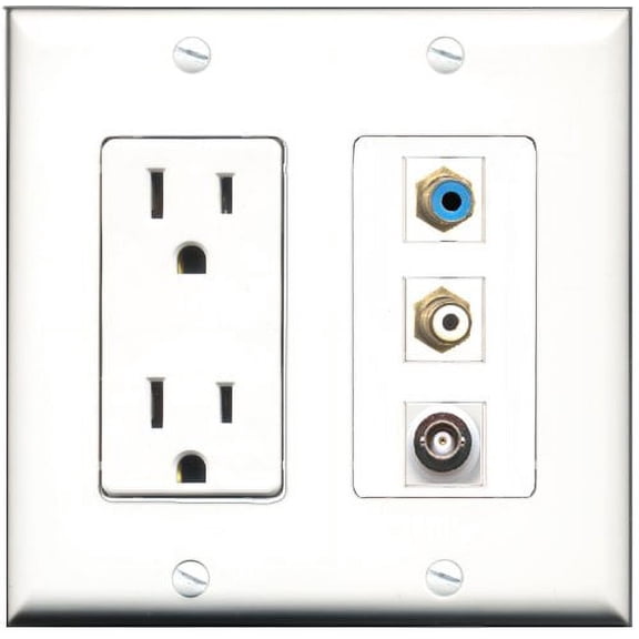 RiteAV - 15 Amp Power Outlet 1 Port RCA White 1 Port RCA Blue 1 Port BNC Decorative Wall Plate