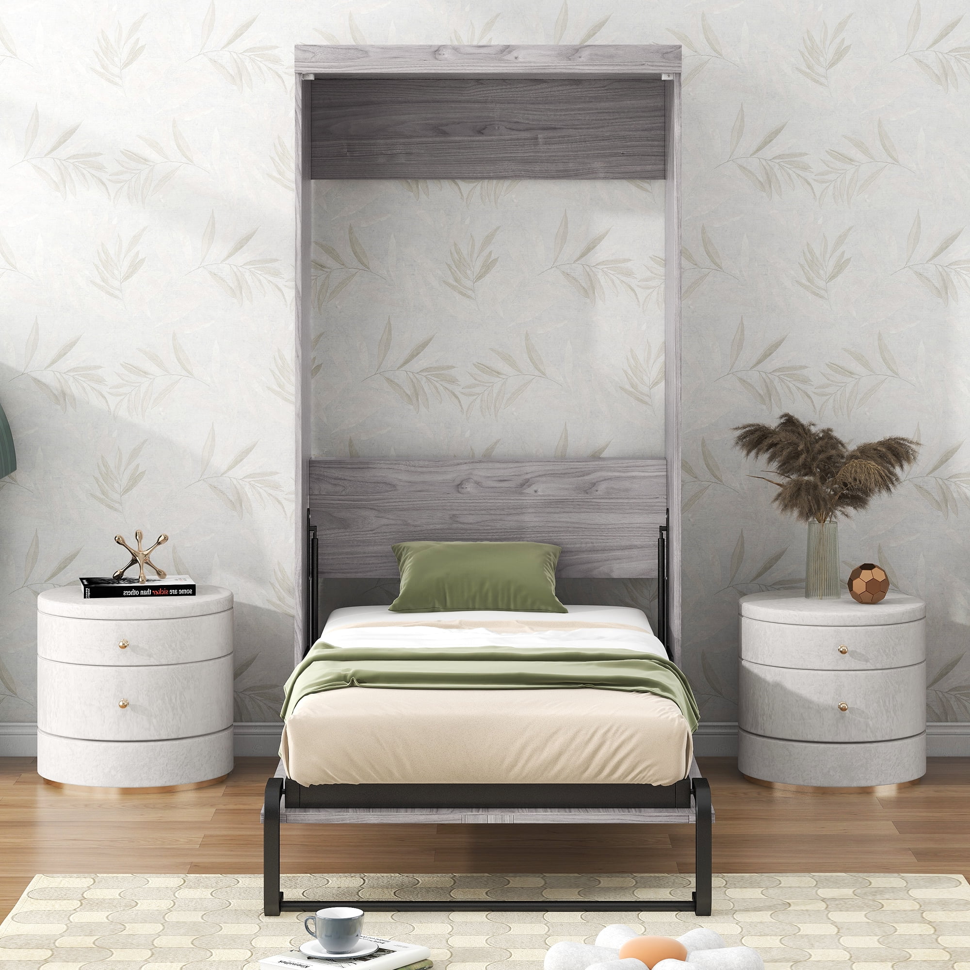 Euroco Pine Wood Twin Size Murphy Bed, Convertible Wall Bed into A Cabinet for Kids Teens, Gray