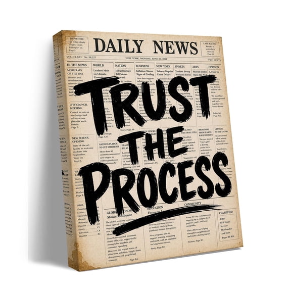 Trust The Process Canvas Wall Art, Inspirational Newspaper Quote Print, Neutral Typography Home Decor