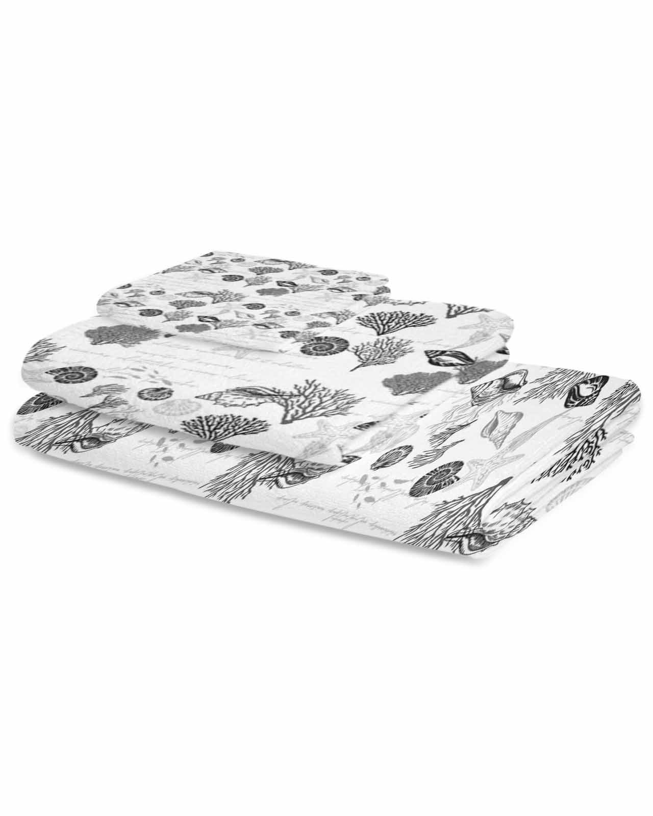 Coastal Grey Bath Towels for Bathroom Set,Luxury Microfiber Towels Gifts for Women,Quick Dry Beach Hand Hair Face Towel and Dish Washcloth,Retro Ocean Coral Shell Starfish Seahorse Towels+Set