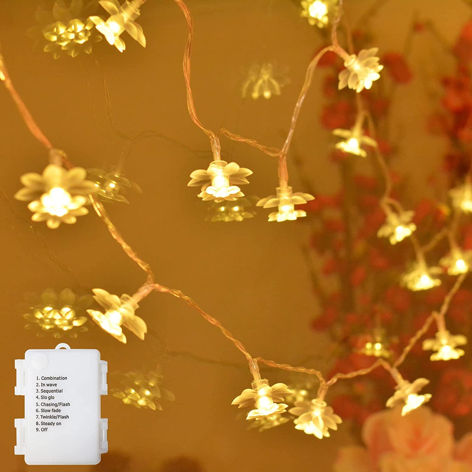 Twinkle String Lights 10ft 20 LED Lotus Flower String for Bedroom, Party, Wedding, Indoor, Decor (Warm White) - Walmart.com