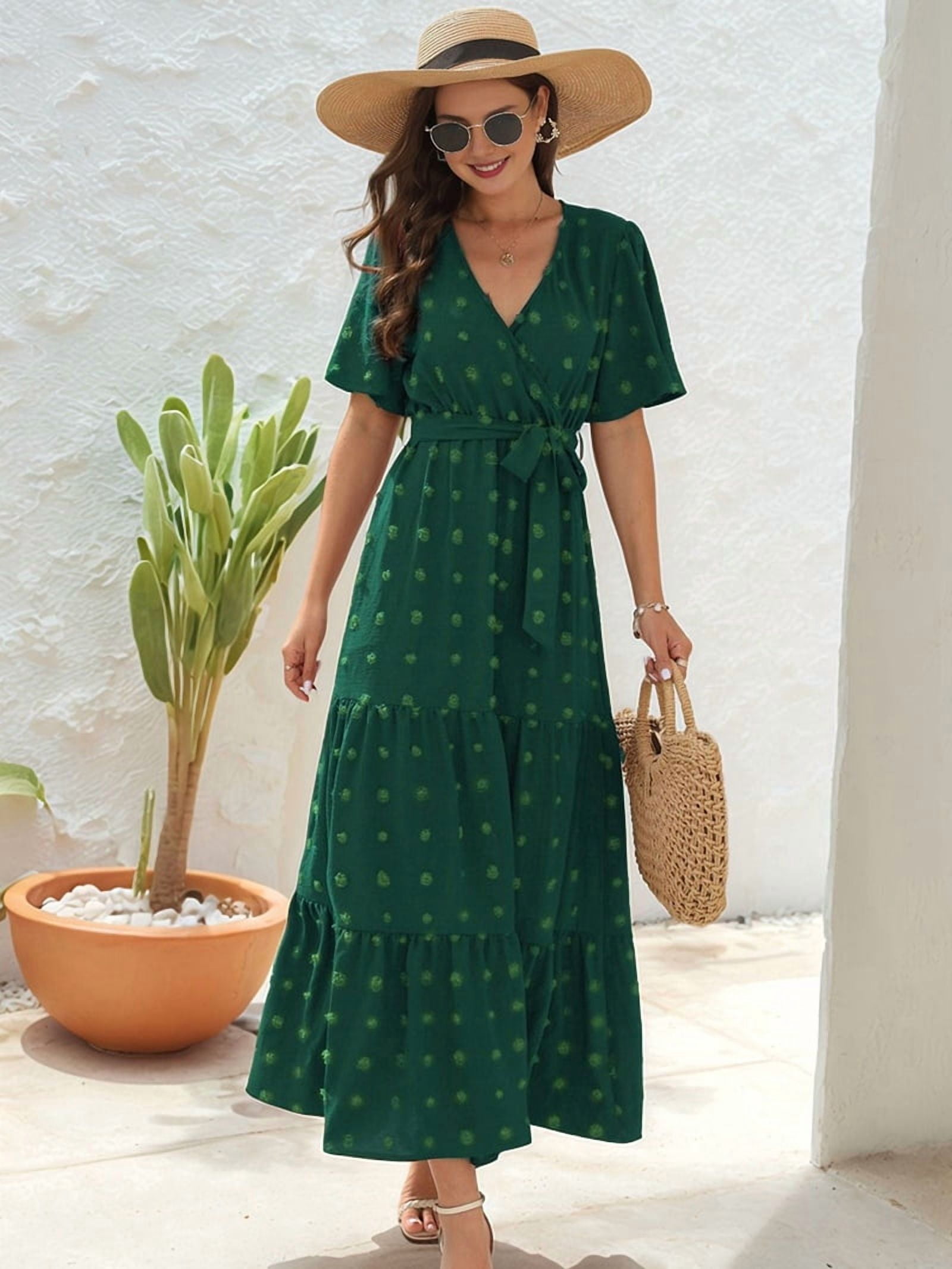 Boho Dot Summer Maxi Dresses for Women Wrap V Neck Short Sleeve Long Flowy Church Wedding Guest Dress Green L