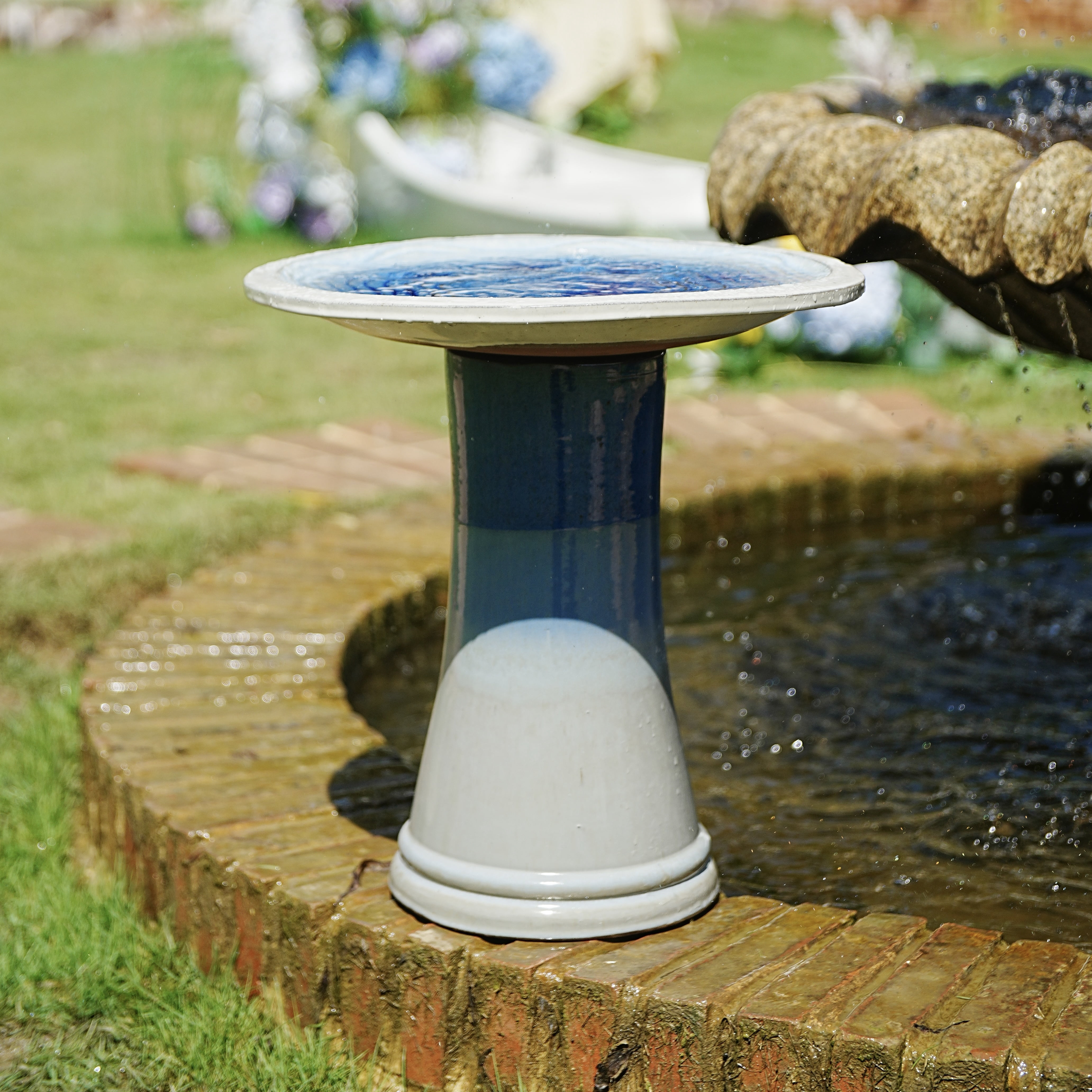 mdj pottery Blue Ceramic Pedestal Bird Bath, 18 inch Tall, 17 inch Wide Outdoor Decor Bowl for Garden, Patio & Backyard