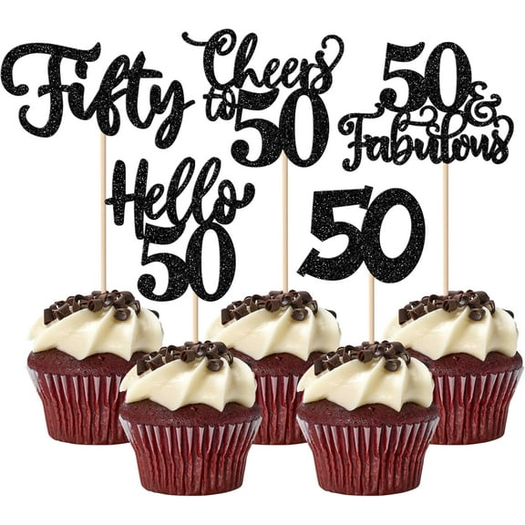 10pcs Happy 50th Birthday Cupcake Toppers Black Glitter Hello 50 Fabulous Fifty Cheers to 50 Birthday Cupcake Picks for 50th Birthday Wedding Anniversary Party Cake Decorations