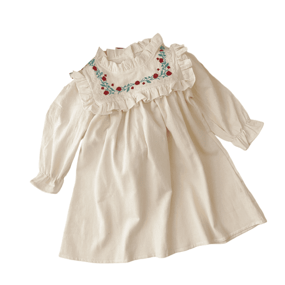 LYMAYTER Girls Toddler Long Sleeve Cotton Dress Girls Solid Color Floral Embroidery Ruffled Daily Dress 1-7Y