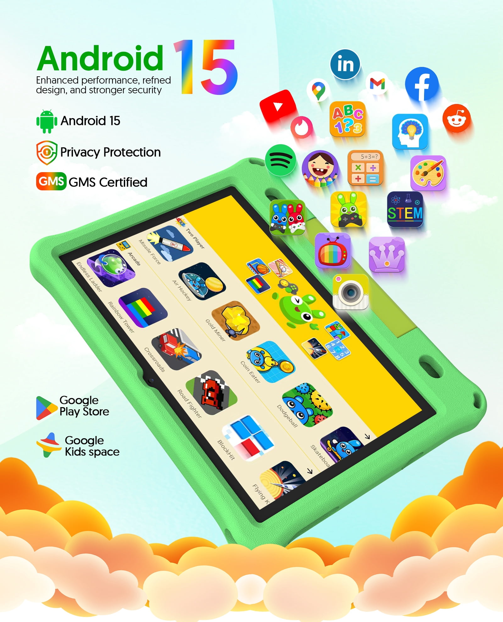 FITIFUN 10.1 inch Kids Tablet Android 15, 3GB RAM 64GB ROM 1TB Expand, Quad-Core, 5G/2.4G WiFi, 6000mAh, HD Display, Parental Control, Green
