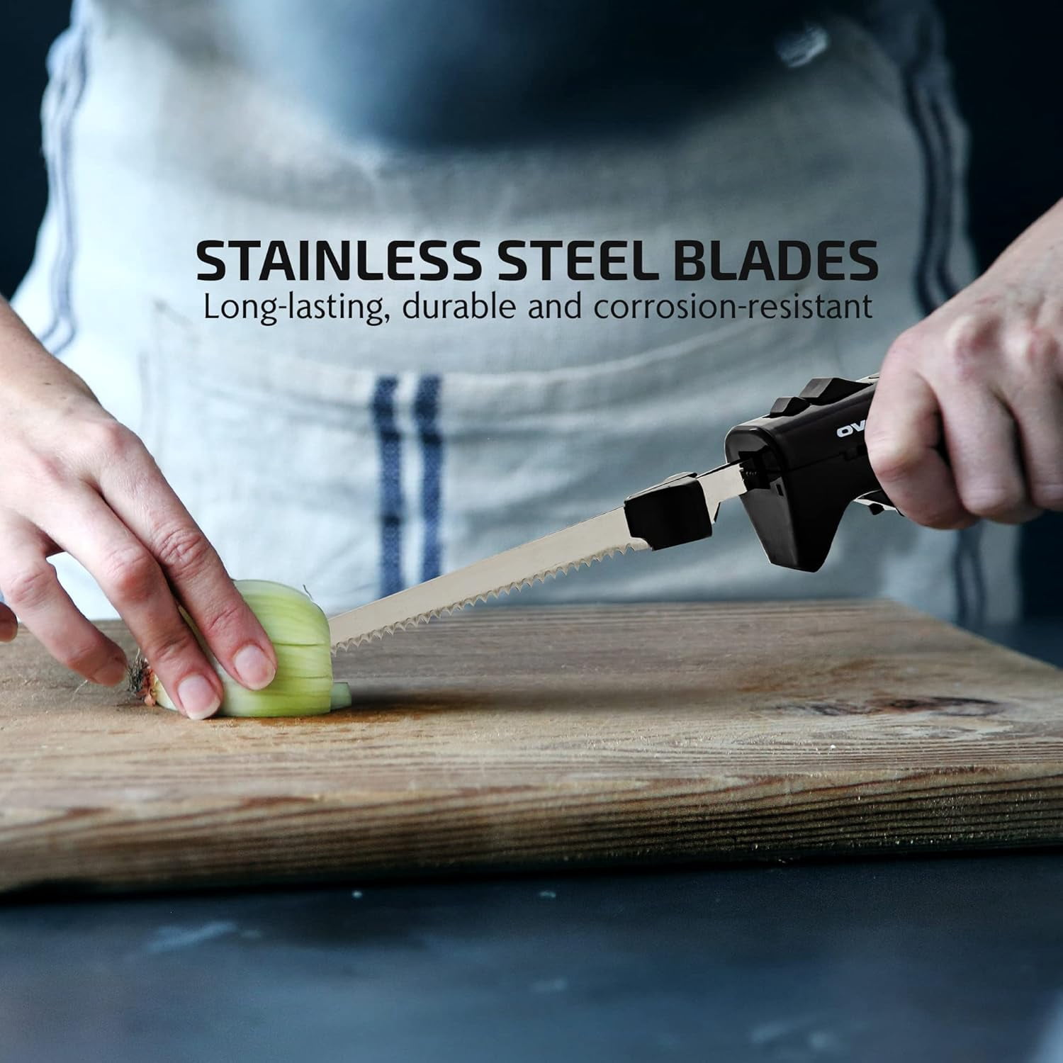 OVENTE Electric Carving Knife with Stainless Steel Blade, Black EK4510BB | 110W, Safety Lock and Eject Button, Lightweight & Ergonomic Handle, Ideal for Slicing Meat, Bread, Poultry, and Cheese
