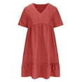 thumbnail image 5 of Qiopertar Summer Casual V-Neck Short Sleeve Mini Dress for Women Solid Color Knee-Length Party Wedding Cocktail Night Out Fashion Dress, Watermelon Red L, 5 of 7