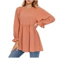 thumbnail image 6 of Long Sleeve Blouses for Women Fall White Long Sleeve Women Fashion Casual Comfortable Solid Long Sleeved Round Neck Fold Blouse T-Shirt Top, 6 of 8