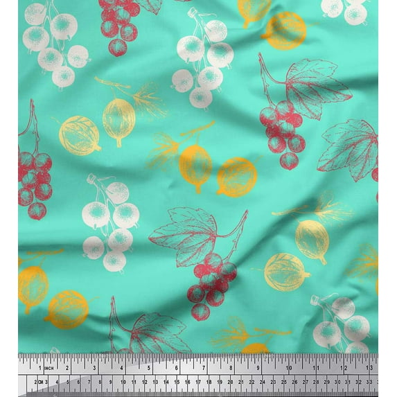 Soimoi Green polyester Crepe Fabric Leaves & Berries Fruits Print Sewing Fabric Yard 52 Inch Wide
