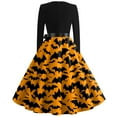 thumbnail image 4 of WTOBBY Women's Flared Halloween Dress Stylish with Bat and Pumpkin Print, V-Neck, Long Sleeves, Hollow Party Design for Casual Retro Fashion Wear ,Orange 2XL, 4 of 5