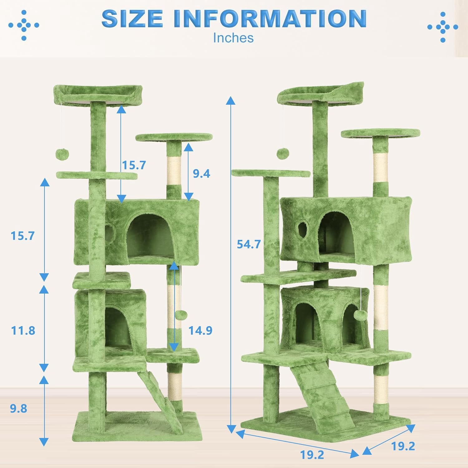 FDW Green 54in Cat Tree Tower with Scratch Posts Condo and Toys for Active Cats