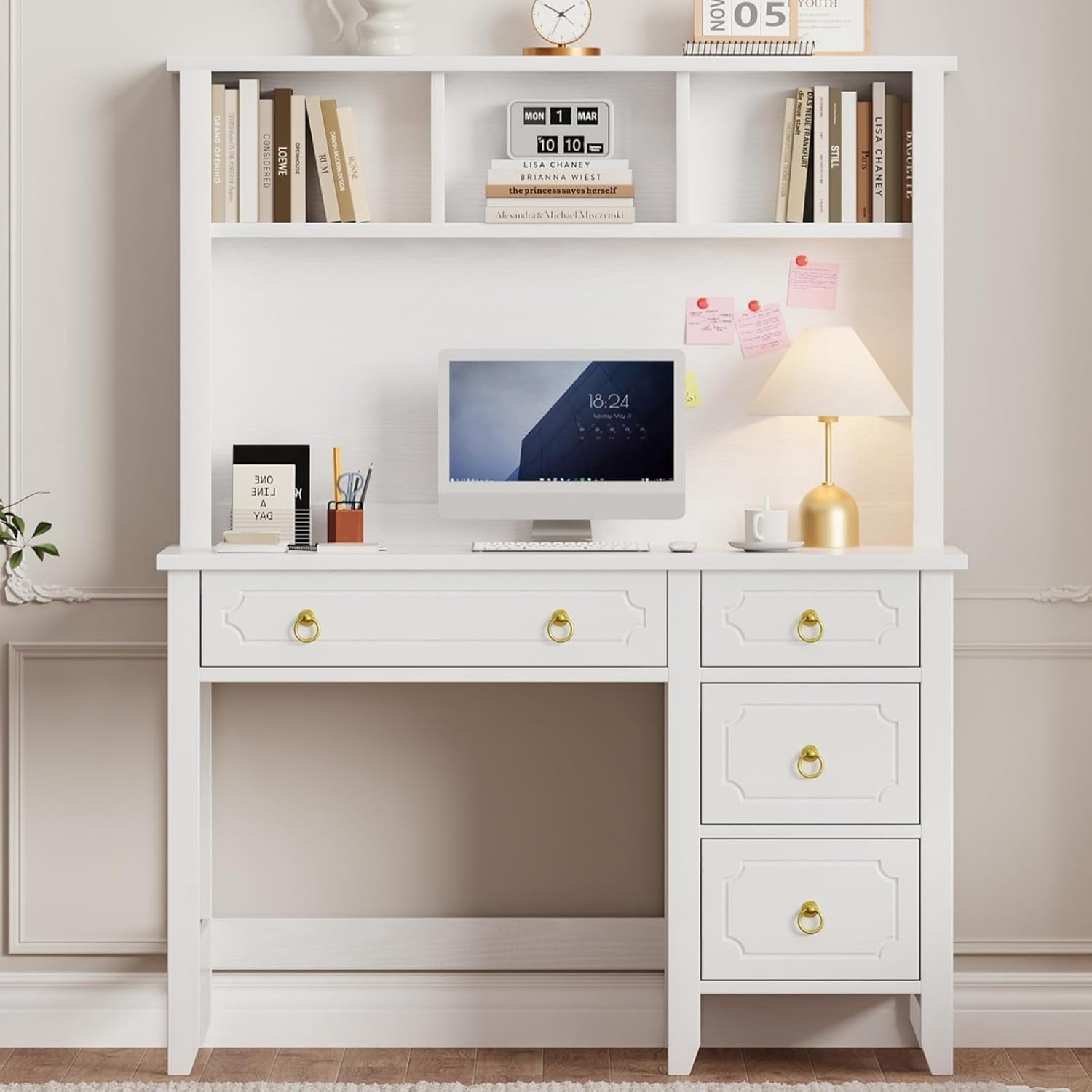 Catrimown 47 Inch White & Gold Desk with Hutch, Modern Computer Vanity Desk with 4 Drawers & Golden Handles, Multifunctional Study Writing Desk for Girls Bedroom & Home Office