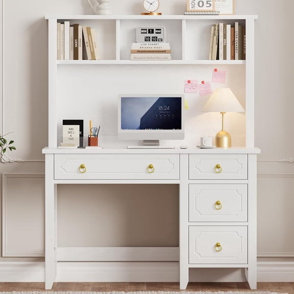 Catrimown 47 Inch White & Gold Desk with Hutch, Modern Computer Vanity Desk with 4 Drawers & Golden Handles, Multifunctional Study Writing Desk for Girls Bedroom & Home Office