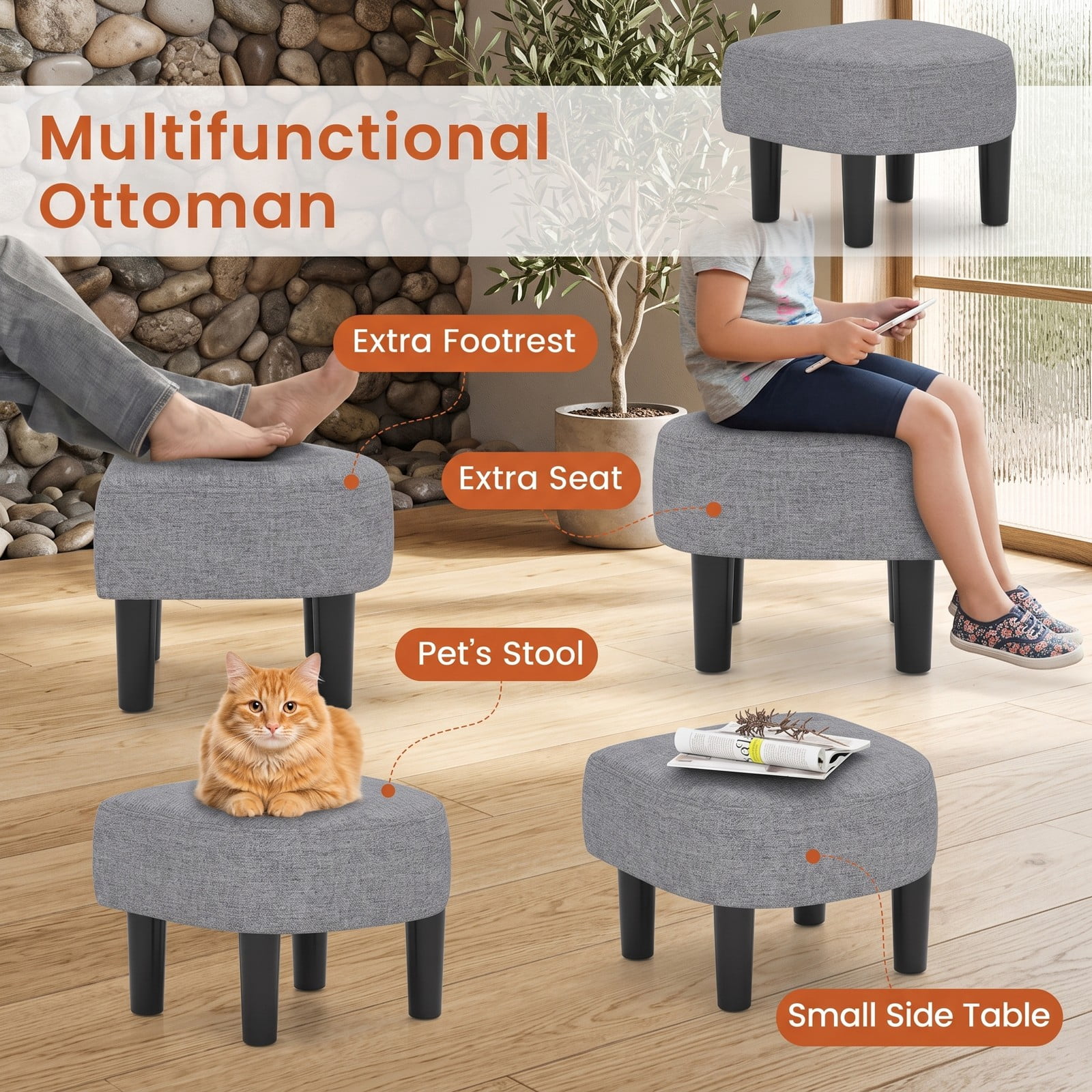 Furnibear Modern Club Swivel Accent Chair with Ottoman Footrest, 360-Degree Swivel Upholstered Linen Reading Armchair with Curved Backrest and Removable Cushion, Gray