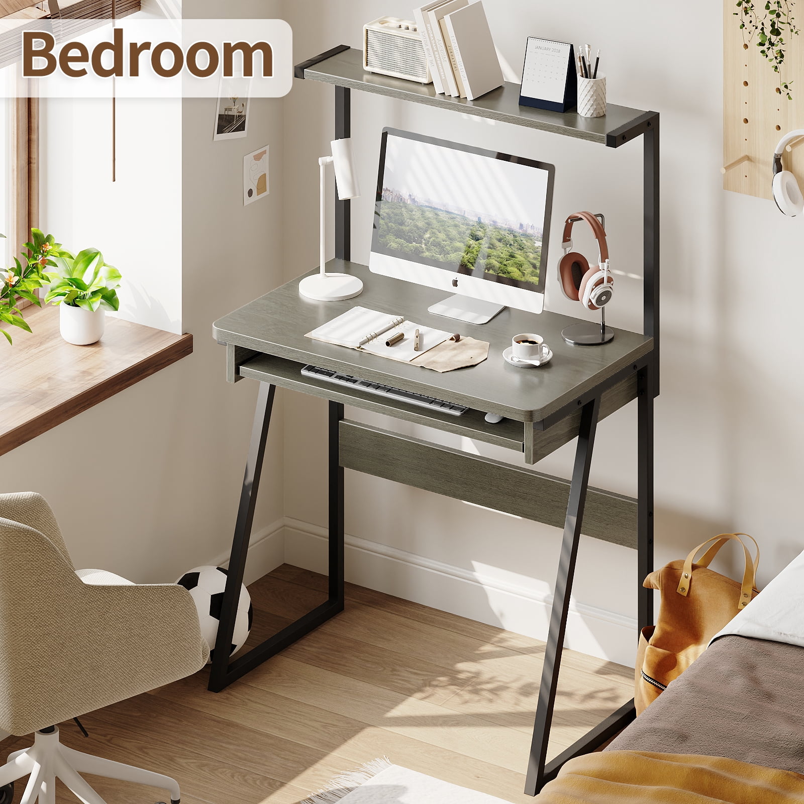 MIN EN WIN 2 Tiers Small Computer Desk for Small Space, Compact Laptop Table Workstation with Keyboard Tray, Study PC Table for Home Office,Gray Oak