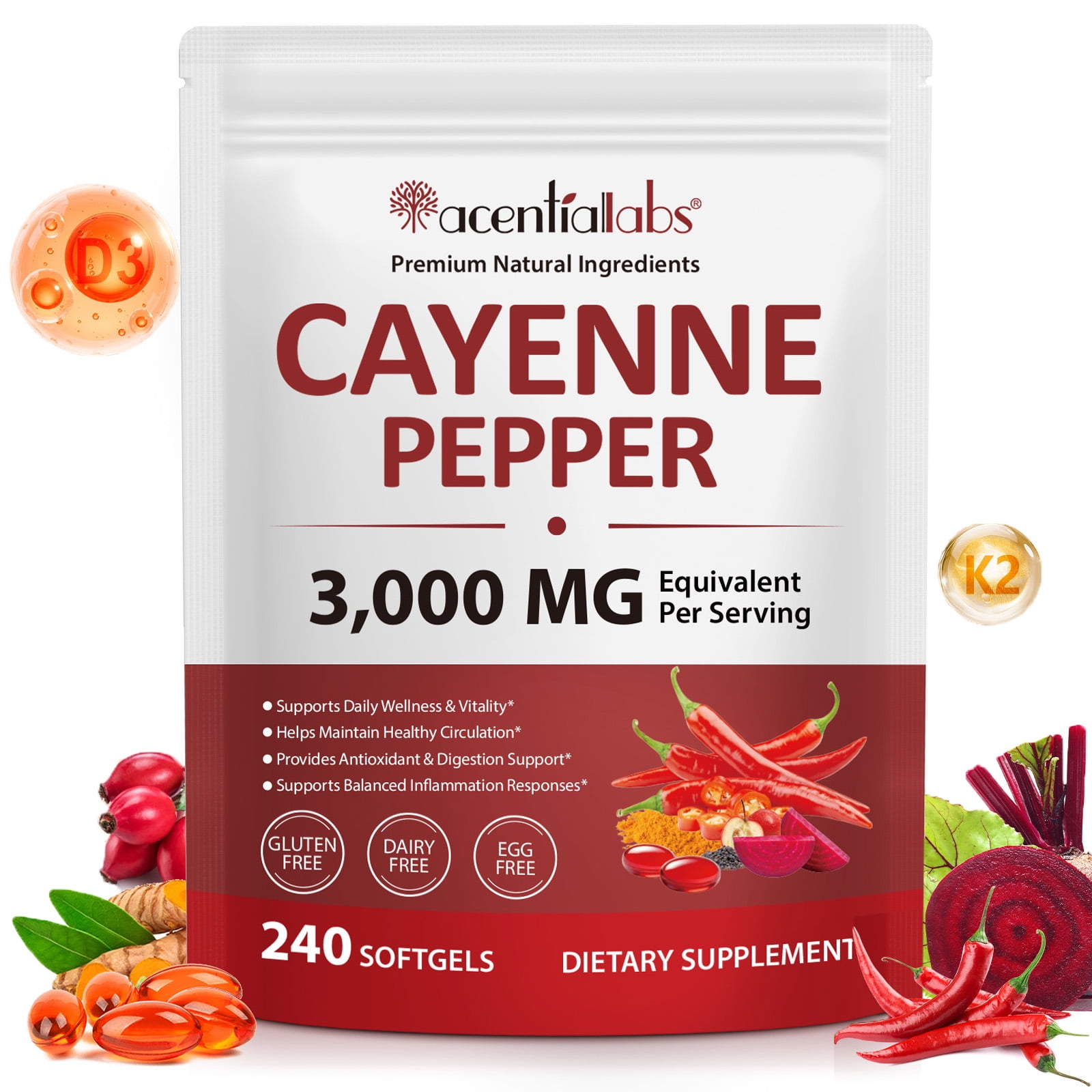 Cayenne Pepper 3000mg, 12-in-1 Dietary Supplement, Antioxidant & Digestion Support, 240 Soft