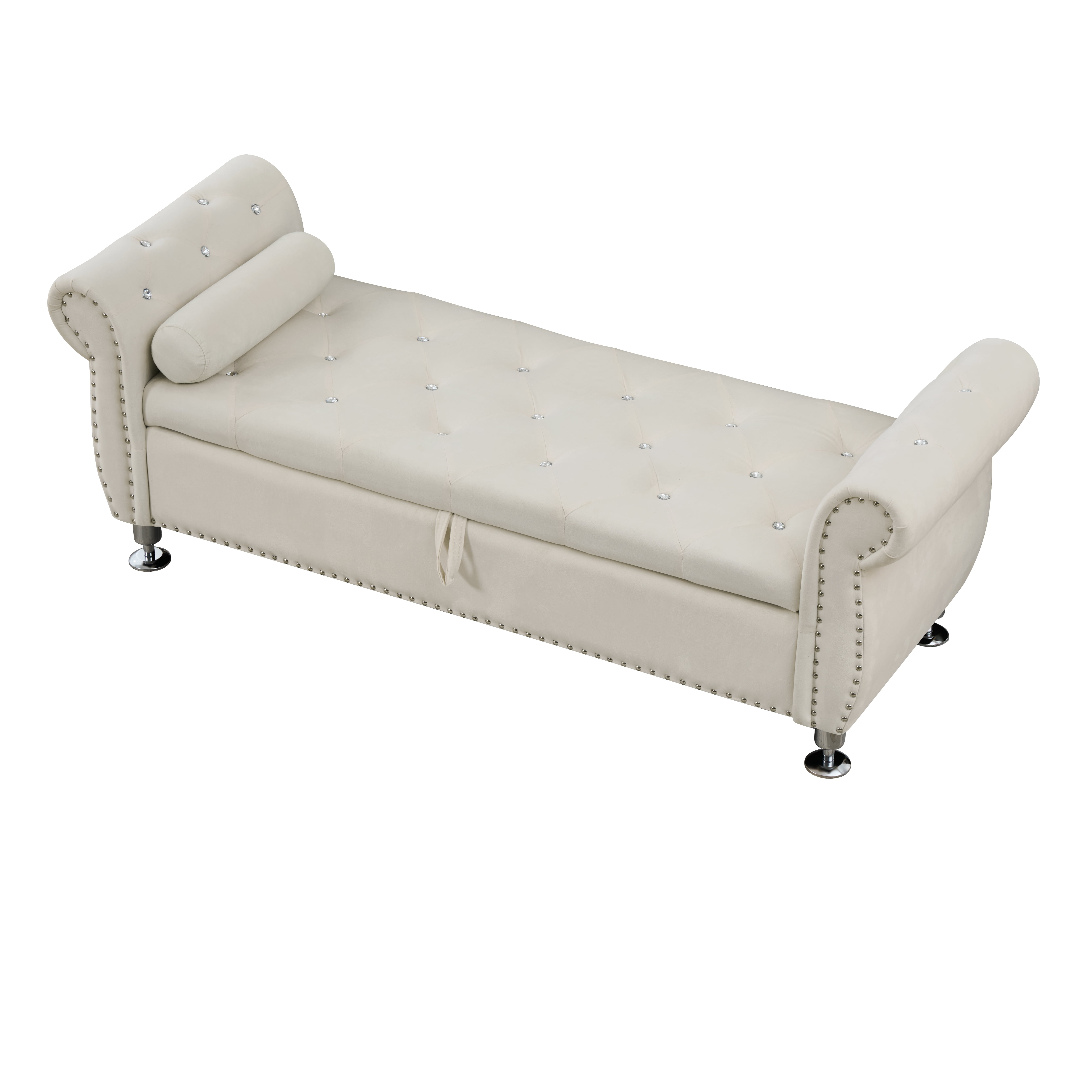 62.2-Inch Soft Velvet Storage Bench with Crystal Buttons and Pillow, Upholstered Ottoman Bench with Safety Hinge, Bedroom Entryway End of Bed Window Seat with Storage, Beige