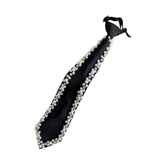 Silk Neck Tie with Pearls Rhinestones Detailing Elegant Unisex Adjustable Pre Tied Necktie Neckwear for Formal Gathering