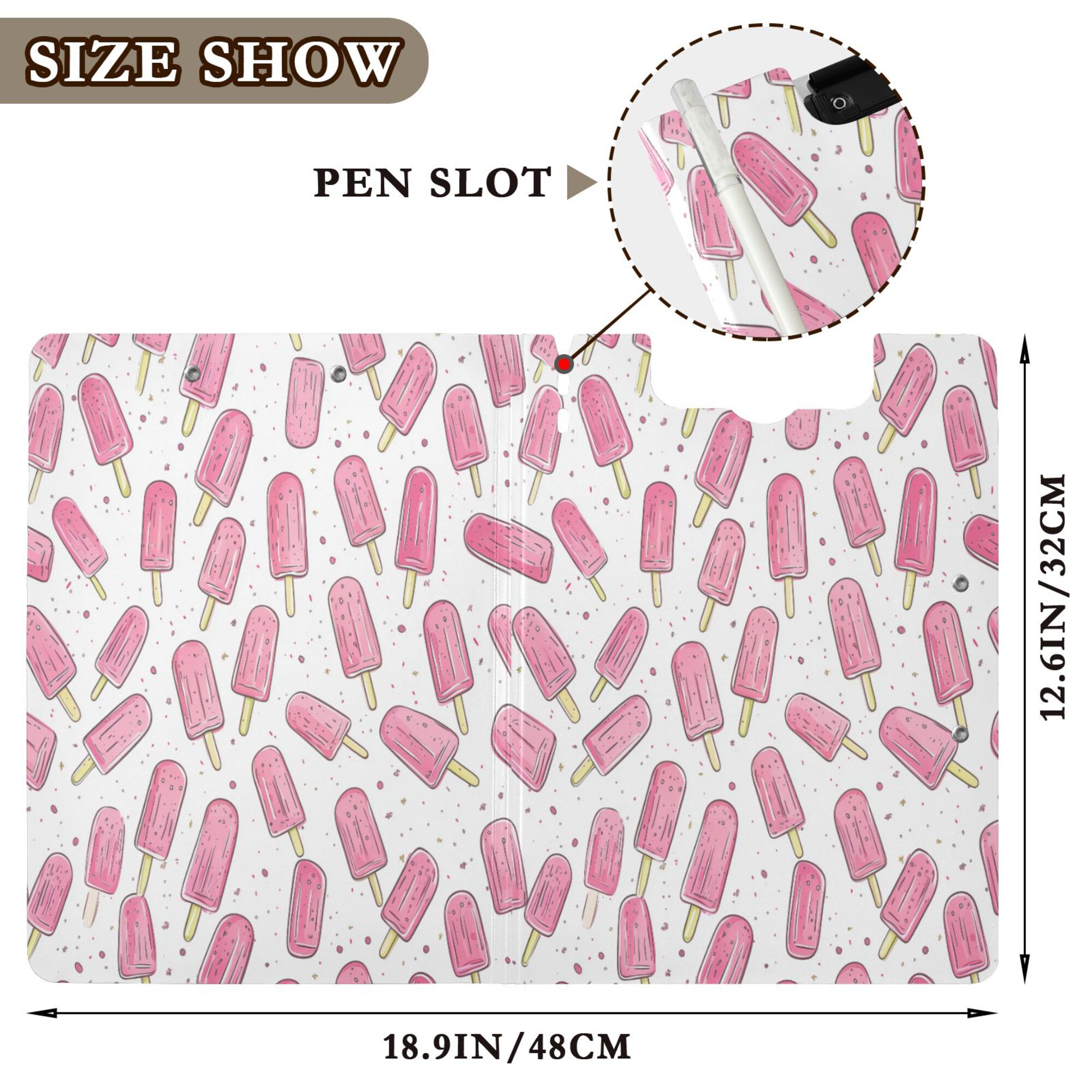 FORMRS A4 Clipboard Folder with Pen Holder Horizontal Foldable School Office Binder, Pink Popsicle Pattern