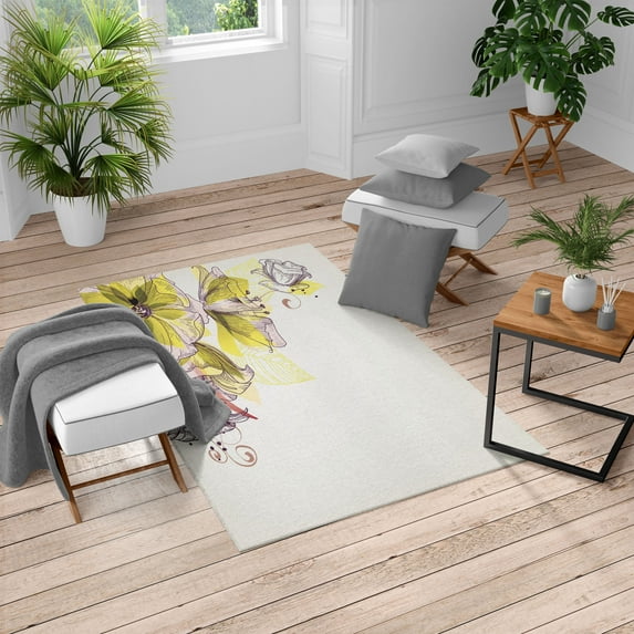 Flowers Turkish Area Rug, Buds Leaf at the top Left Corner Season Celebrating Theme Illustration, Soft Carpet for Living Room Decor, 5.2' X 7.6', Yellow White, by Ambesonne