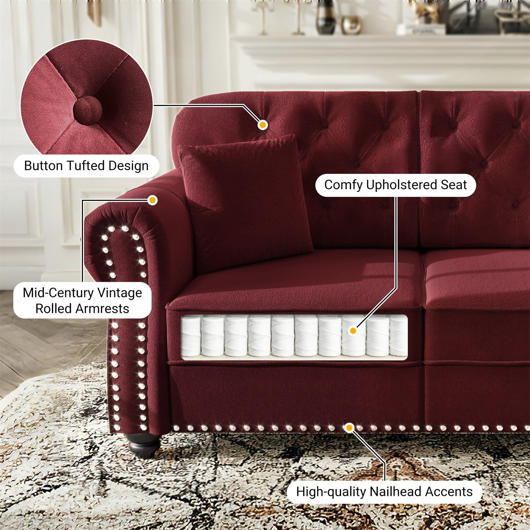 Alvantor 63" Loveseat sofa Upholstered Velvet Couch with Nailhead Trim and Rolled Armrests, Mid-Century Modern Sofa for Living Room Burgundy