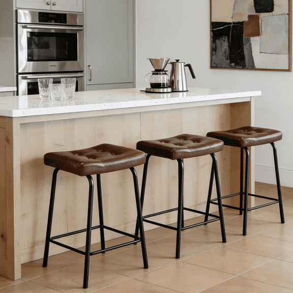 25" Saddle Counter Stools Set of 3, Tufted Faux Leather Counter Height Bar Stools with Metal Legs for Kitchen Island, Dark Brown