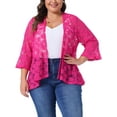thumbnail image 1 of Cárdigans de talla grande para mujer Agnes Orinda, con frente abierto, mangas de campana 3/4, cobertura de encaje floral transparente, boleros y chaquetas 2X en rosa intenso, 1 of 6