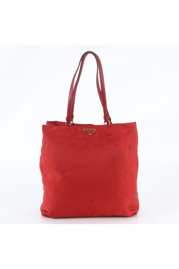 Pre-Owned Prada Tessuto Nylon Triangle Logo Leather Red Tote Bag Handbag Shoulder Women's