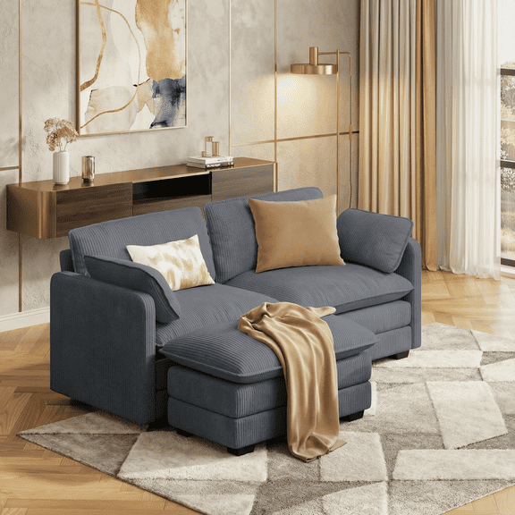 2-Seater Modular Sectional Sofa with Removable Ottoman & 2 Pillows - Cozy Corduroy Love Seat for Compact Areas, Ideal for Living Room, Bedroom & Apartment,Dark Grey