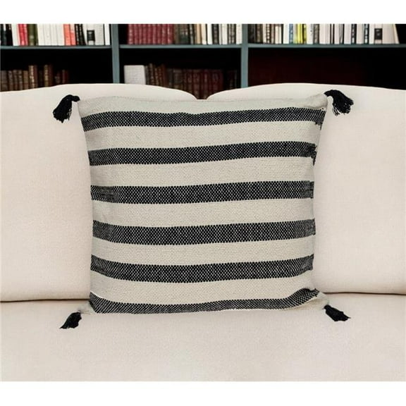 HomeRoots 529188 24 in. Beige & Black Striped Cotton Throw Pillow with Tassels