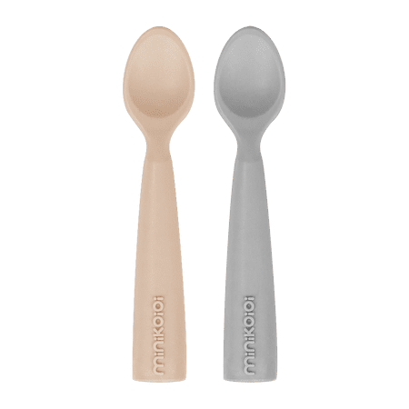 MinikOiOi Scoopers - Bubble Beige / Powder Gray 100% Food Grade Silicone Scoopers 2Pc Toddler Spoon Baby Training Spoon 6 Months + BPA-Free Gentle On Teething Gums Dishwasher Safe
