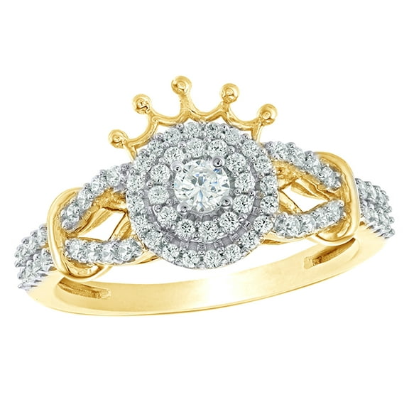 White Natural Diamond Double Frame Collared Crown Ring in 10k Yellow Gold By Jewel Zone US