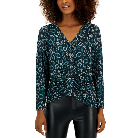 INC International Concepts Petite Printed V Neck Ruched Placket Top Ina Ikat PM