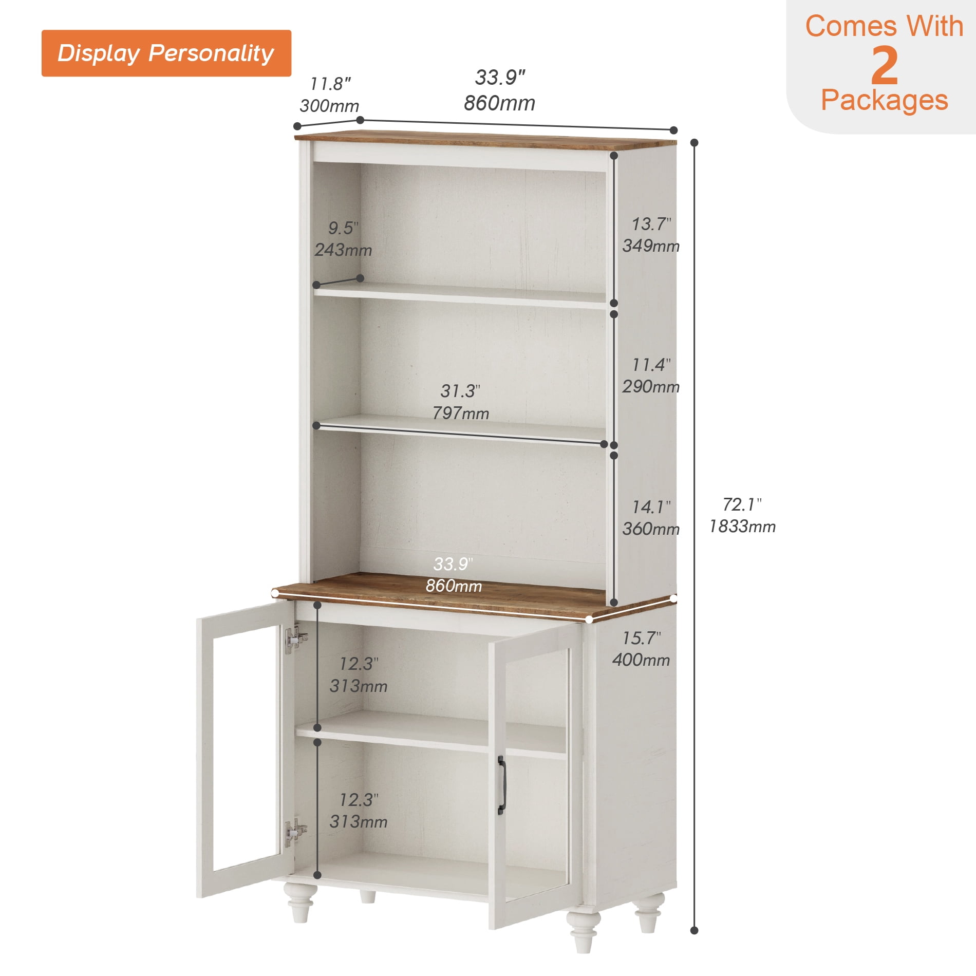 Farmhouse Pantry Cabinet, Dining Hutch with Glass Doors and Adjustable Shleves, Mid-Century Modern Pantry Storage for Kitchen, Living Room, Home Office, White