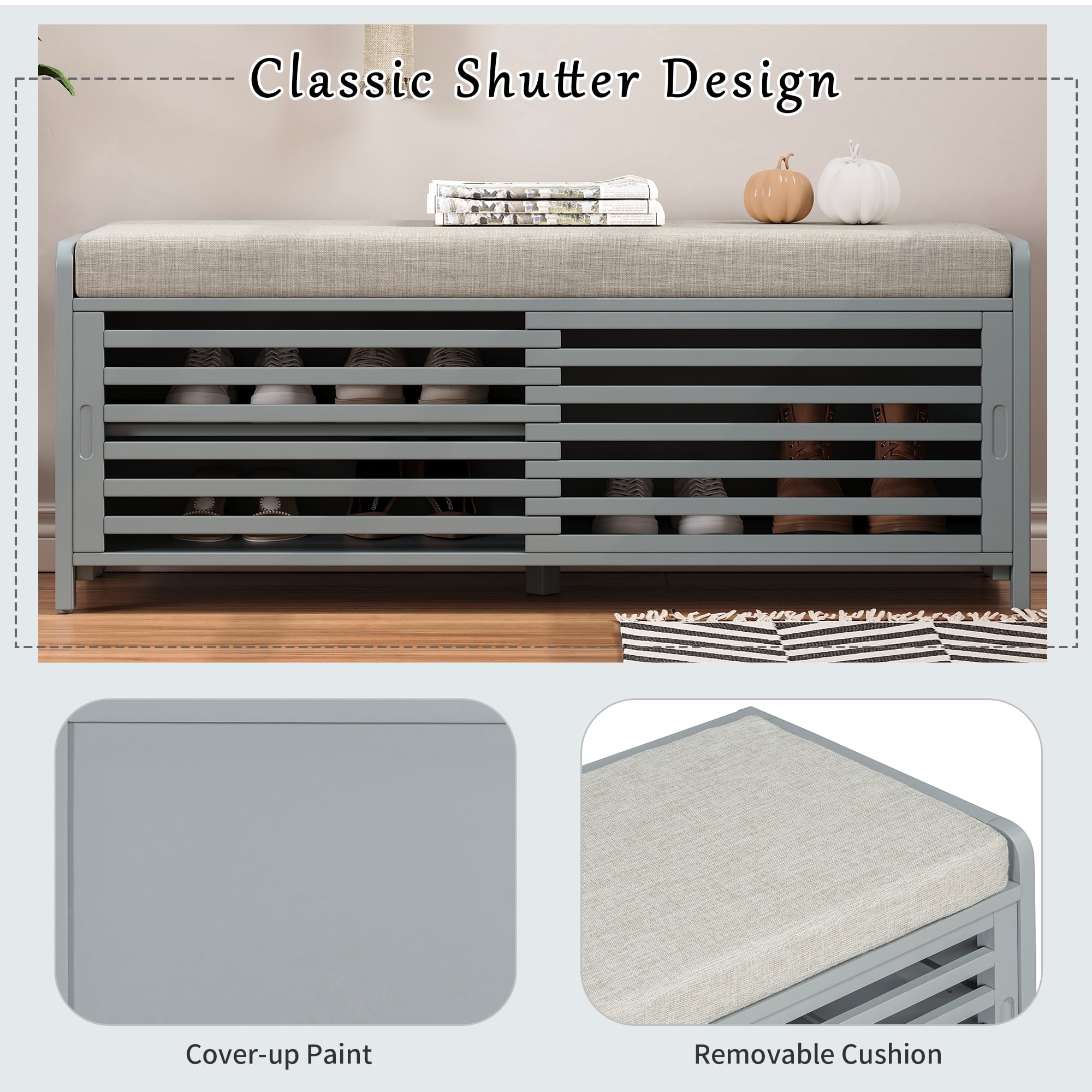 Euroco Shoe Bench with Storage and Cushion, Distressed Shutter Storage Bench with Retro Charm for Living Room, Entryway (Grey)