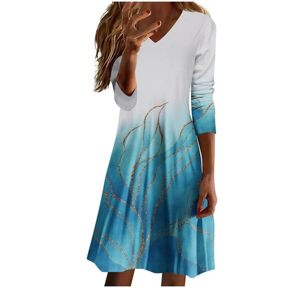 Fesfesfes Women Dress Fall Printing Causal V-Neck Long Sleeve Vacation Dress Tops on