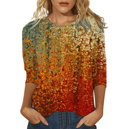

koaiezne Printed Shirt For Womens Casual Summer Tops Floral Three Quarter Sleeve Round Neck Tee Tunic Flower Loose Side Split Blouse Laos Silk Blouse for Women Christmas Scrub Top plus Size