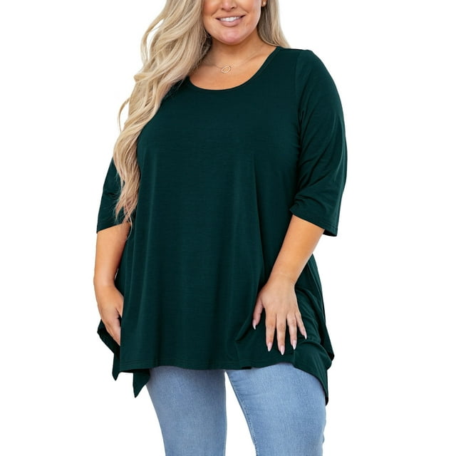 SHOWMALL Haut de Maternité Grande Taille pour Femmes Blouse à Manches 3/4 Coupe Évasée Vêtements Vert Foncé Vêtements 4X Col Ras du Cou Vêtements Coupe Ample